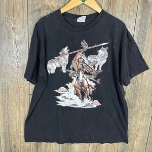 Vintage Native American Wolf Graphic T-Shirt Gildan Heavyweight Cotton XL